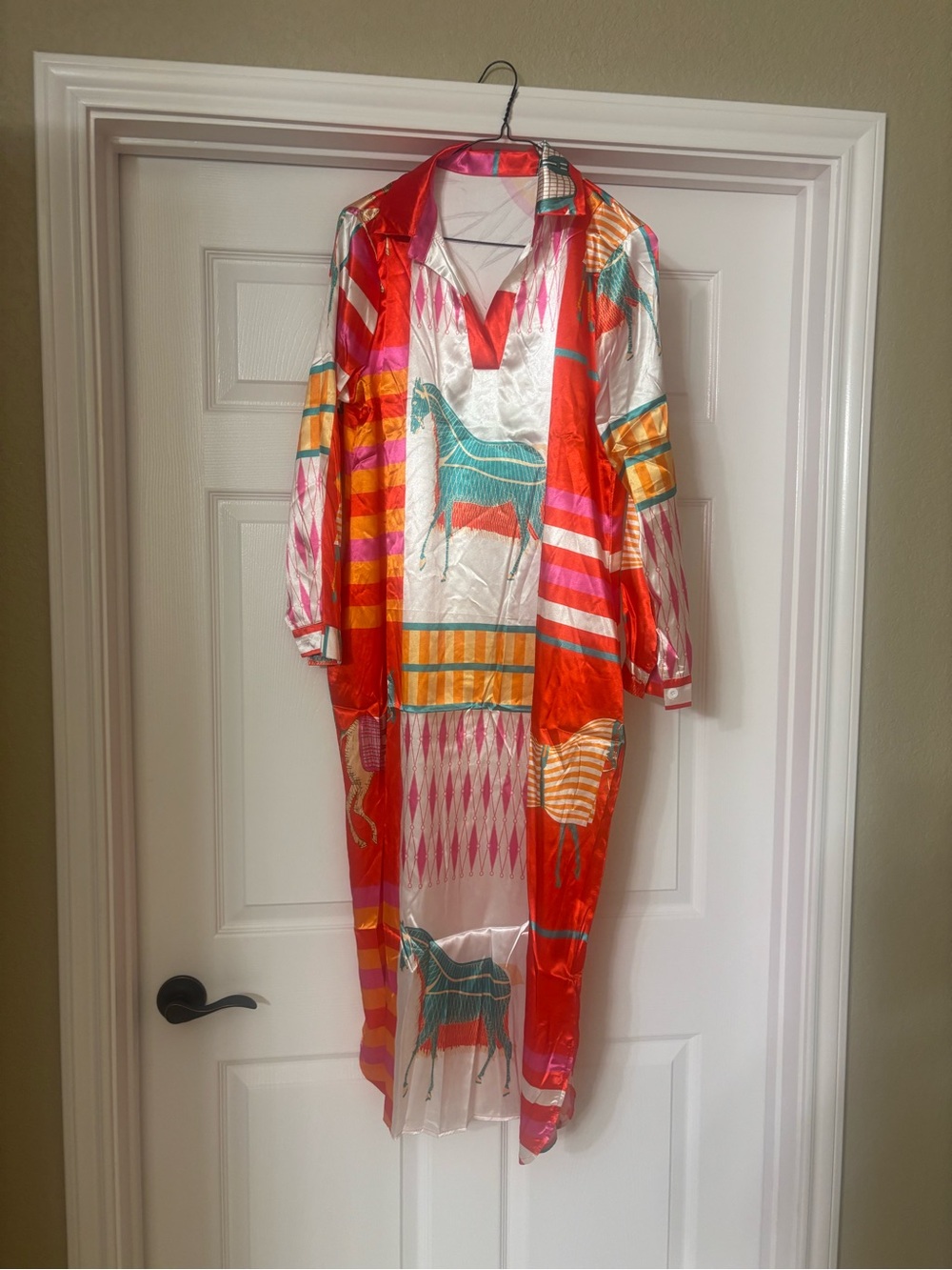 Vibrant Printed Satin Midi Dress - Red, Pink & Teal Motif